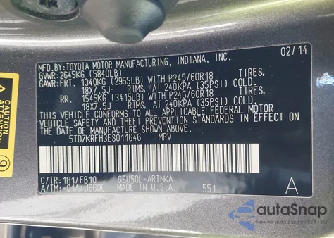 2014 Toyota Highlander Le V6 from USA, damaged, VIN 5TDZKRFH3ES011646